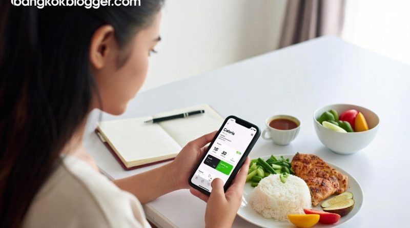 Orang menghitung kalori dengan aplikasi dan makanan sehat